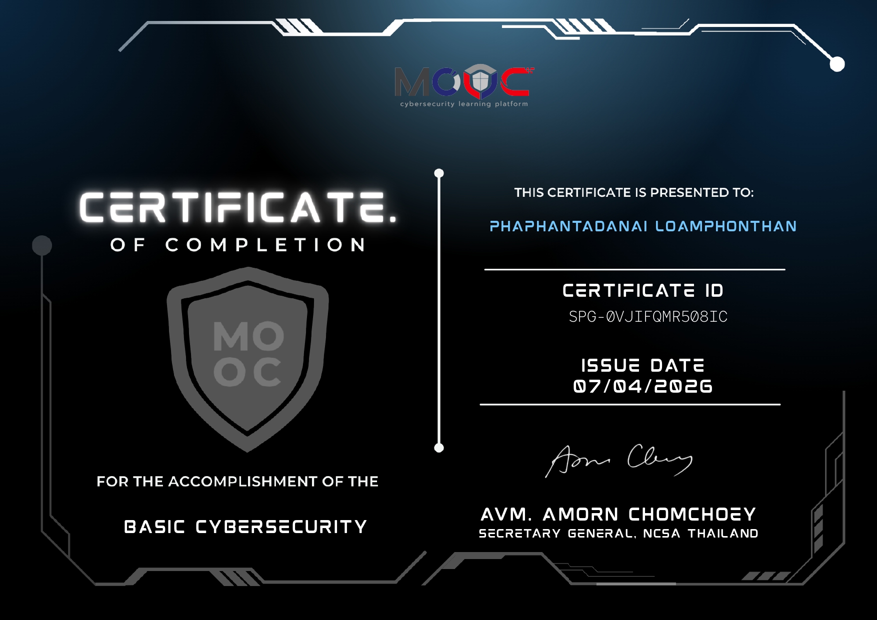 Basic Cybersecurity MOOC certificate